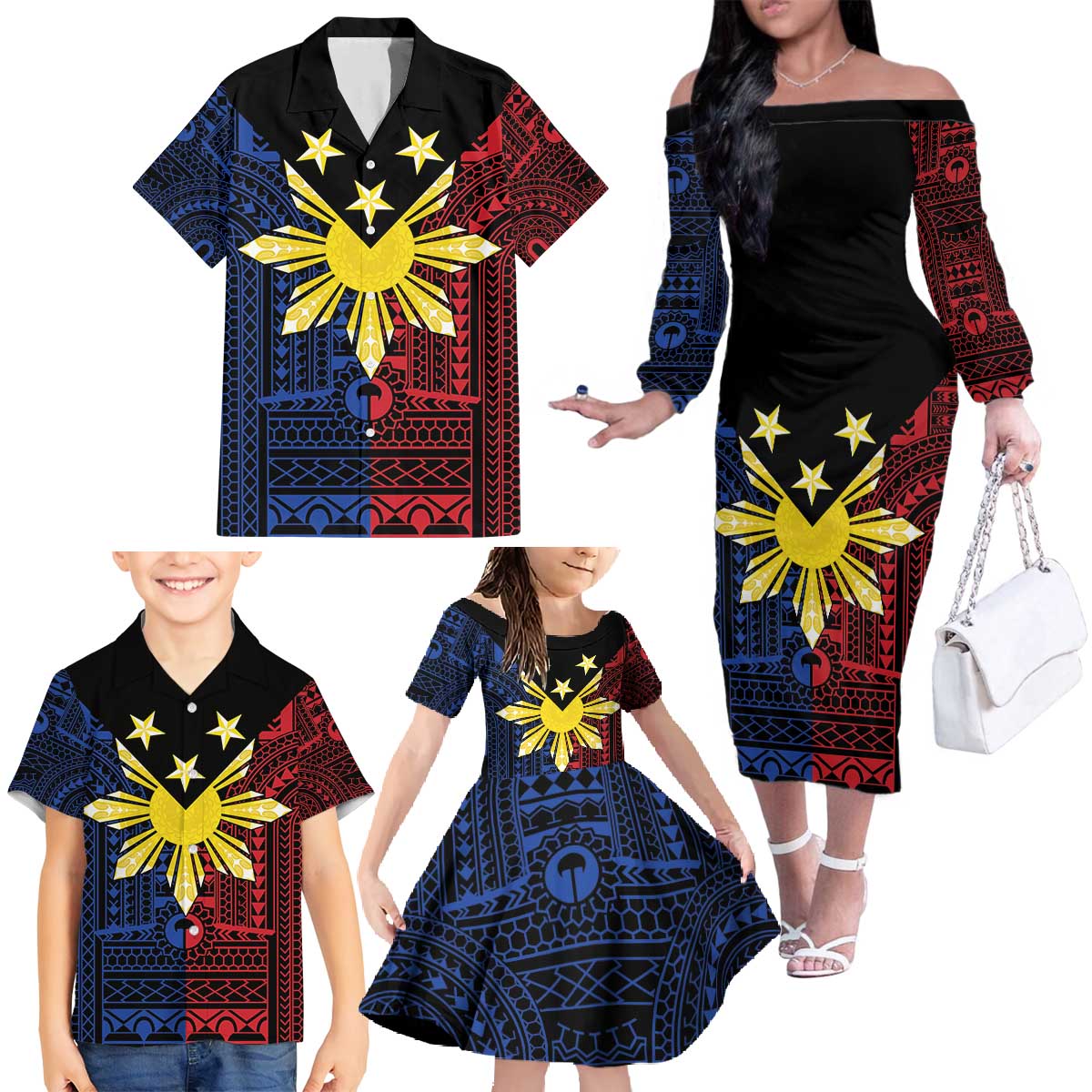 Philippines Sun Star Family Matching Off The Shoulder Long Sleeve Dress and Hawaiian Shirt Igorot Tribal Inspiration - Polynesian Pride