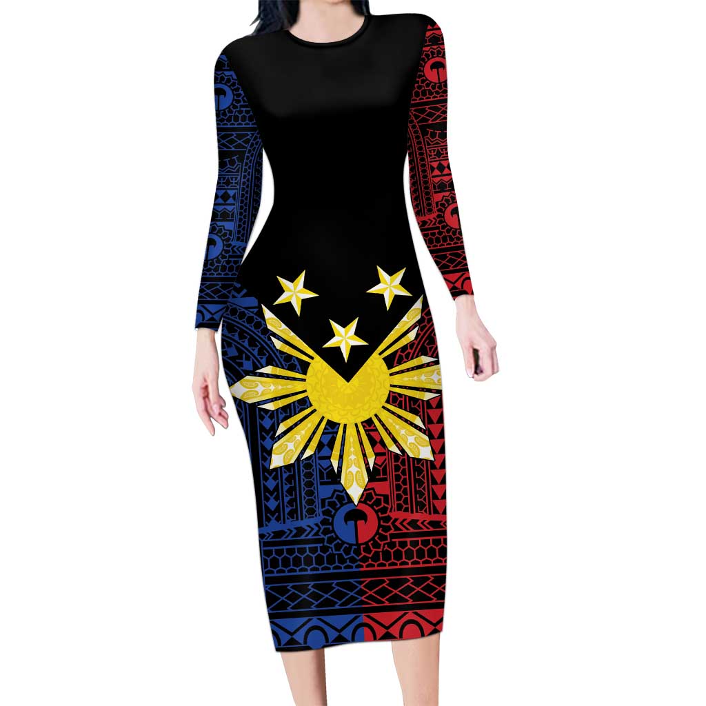 Philippines Sun Star Long Sleeve Bodycon Dress Igorot Tribal Inspiration - Polynesian Pride