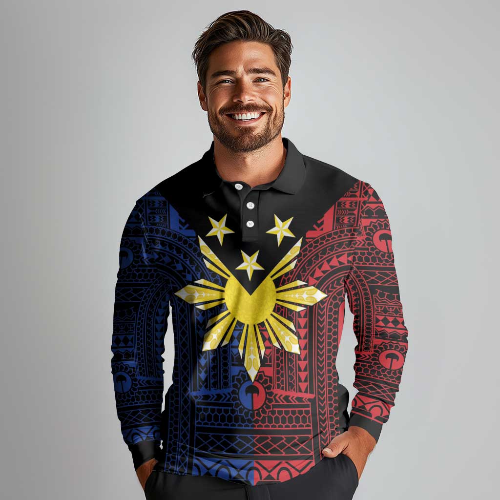 Philippines Sun Star Long Sleeve Polo Shirt Igorot Tribal Inspiration - Polynesian Pride