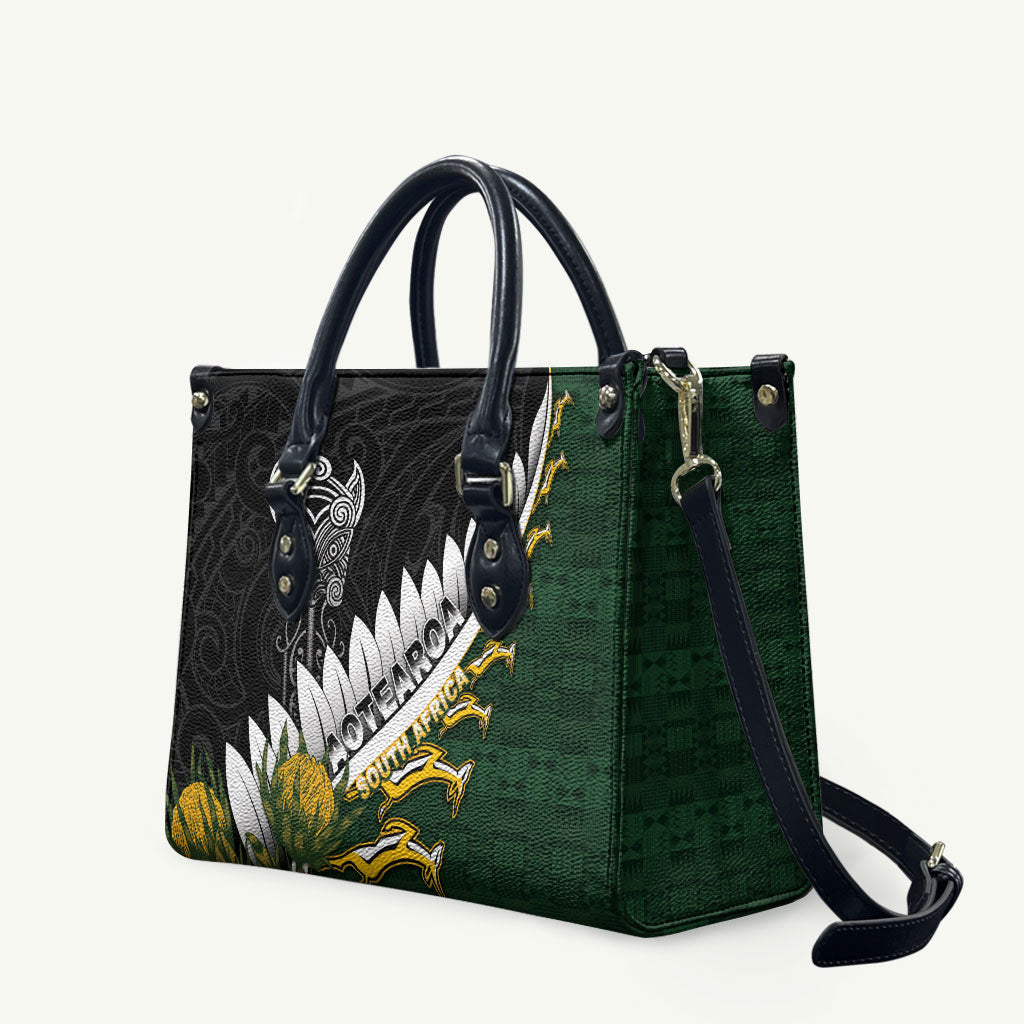 Rugby New Zealand And South Africa Leather Bag Silver Fern With Springboks LT05 Black - Polynesian Pride