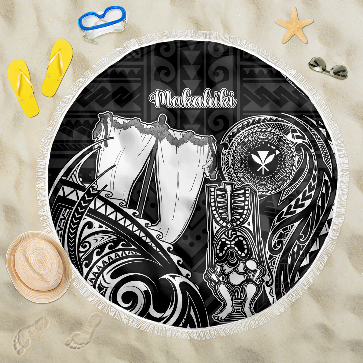 Hawaii Makahiki Season Beach Blanket Akua Loa Polynesian Pattern LT05 One Size 150cm Black - Wonder Print Shop