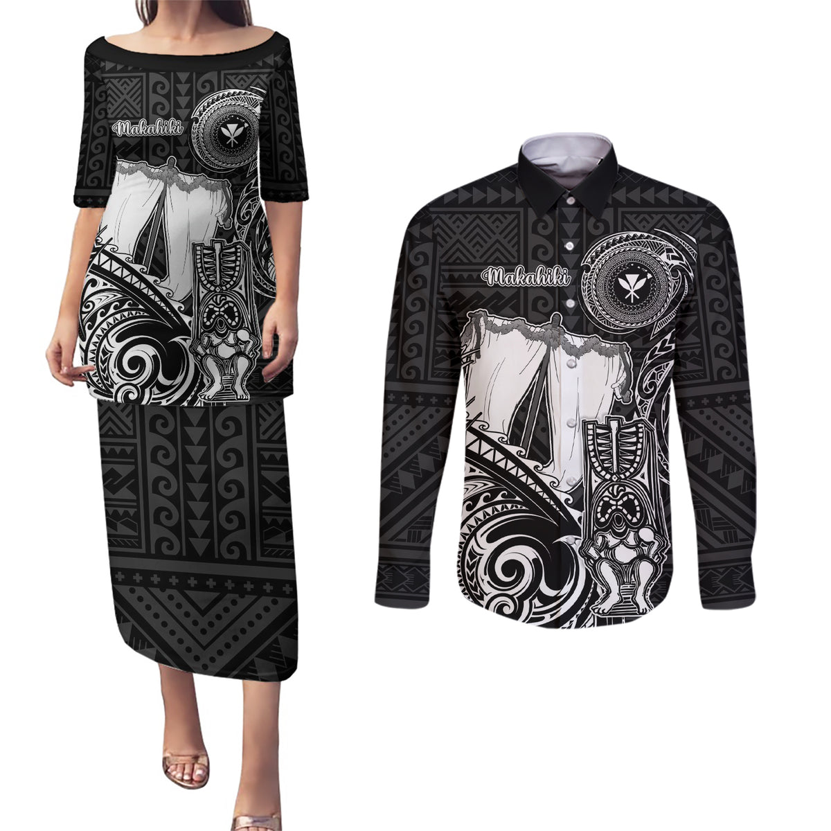 Personalized Hawaii Makahiki Season Couples Matching Puletasi Dress and Long Sleeve Button Shirts Akua Loa Polynesian Pattern LT05 Black - Polynesian Pride
