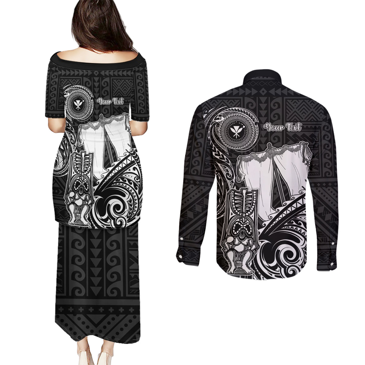 Personalized Hawaii Makahiki Season Couples Matching Puletasi Dress and Long Sleeve Button Shirts Akua Loa Polynesian Pattern LT05 - Polynesian Pride