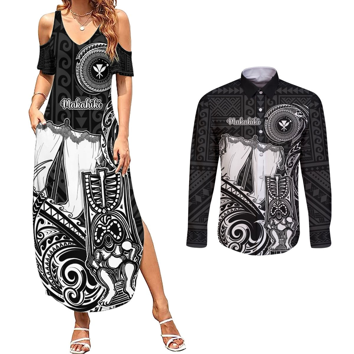 Personalized Hawaii Makahiki Season Couples Matching Summer Maxi Dress and Long Sleeve Button Shirts Akua Loa Polynesian Pattern LT05 Black - Polynesian Pride