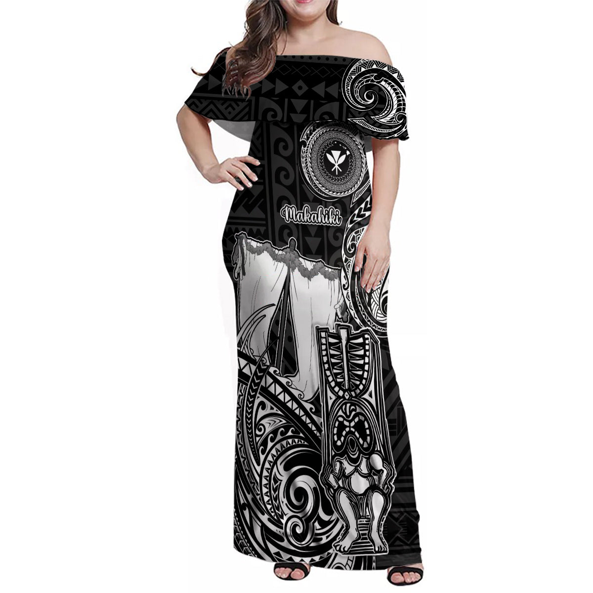 Personalized Hawaii Makahiki Season Family Matching Off Shoulder Maxi Dress and Hawaiian Shirt Akua Loa Polynesian Pattern LT05 Mom's Dress Black - Polynesian Pride