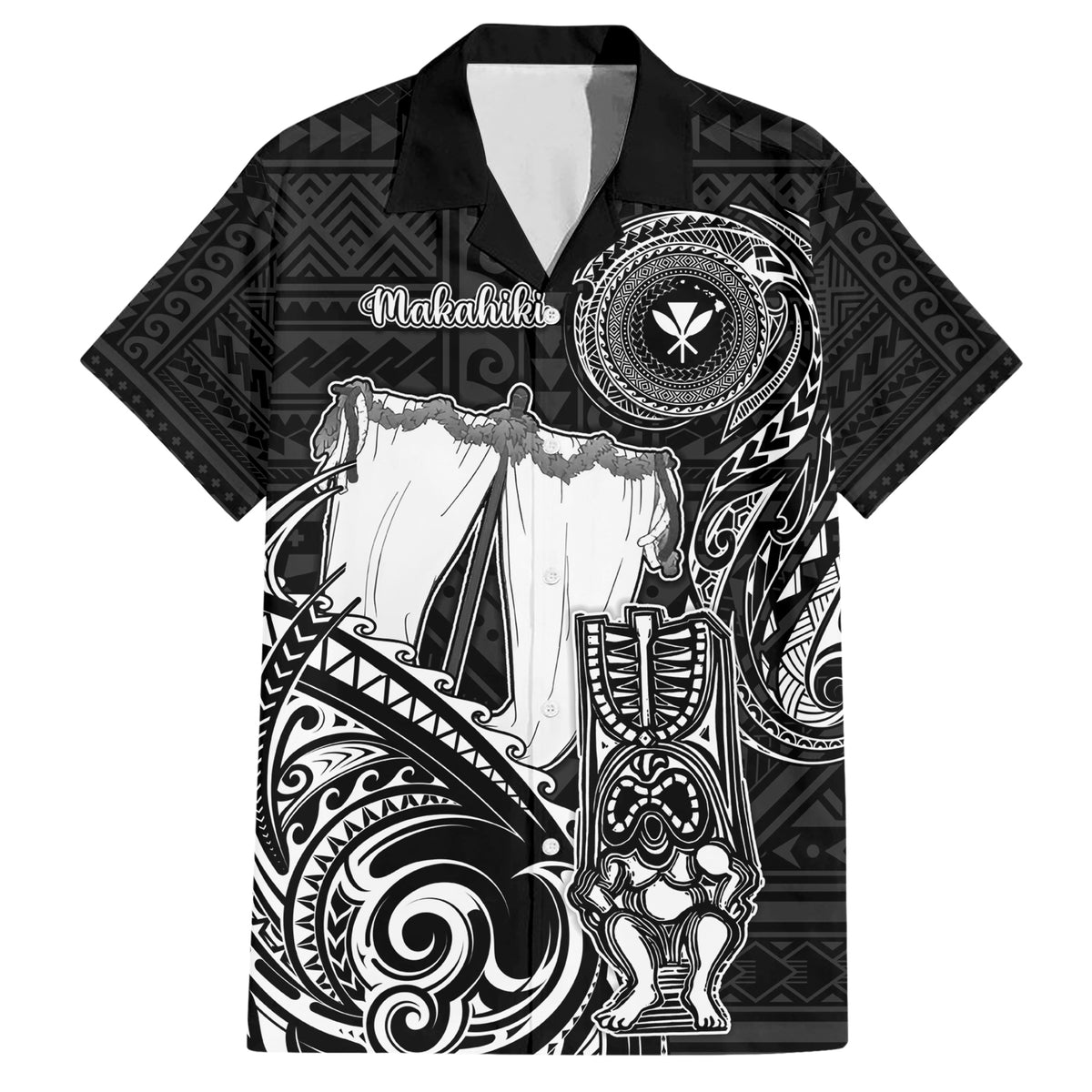 Personalized Hawaii Makahiki Season Family Matching Short Sleeve Bodycon Dress and Hawaiian Shirt Akua Loa Polynesian Pattern LT05 Dad's Shirt - Short Sleeve Black - Polynesian Pride