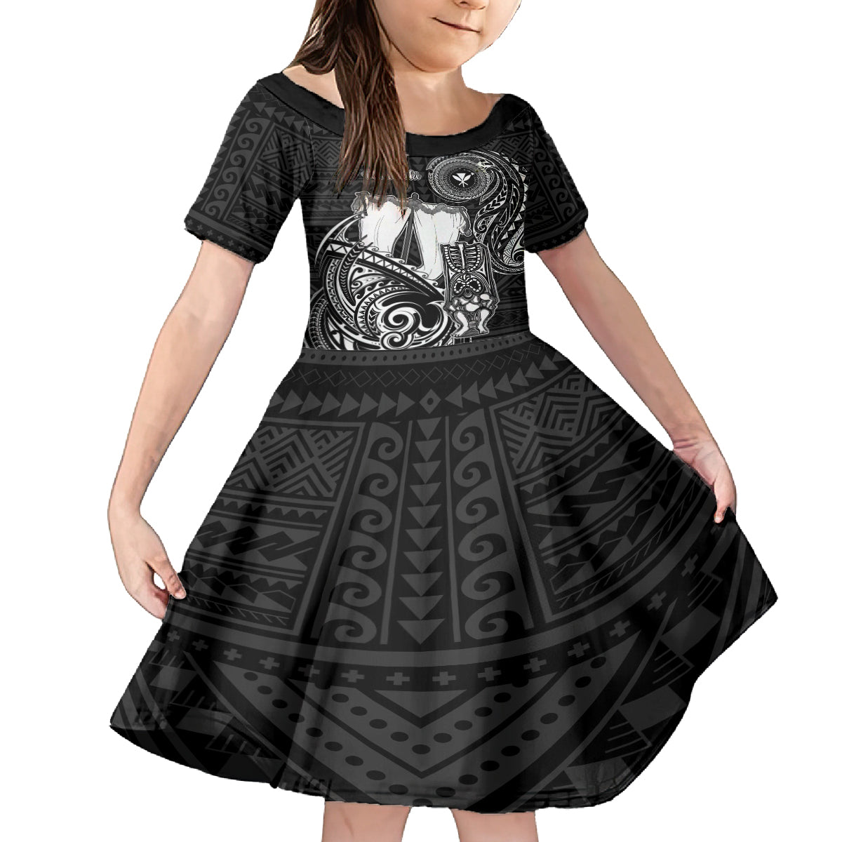 Personalized Hawaii Makahiki Season Kid Short Sleeve Dress Akua Loa Polynesian Pattern LT05 KID Black - Polynesian Pride