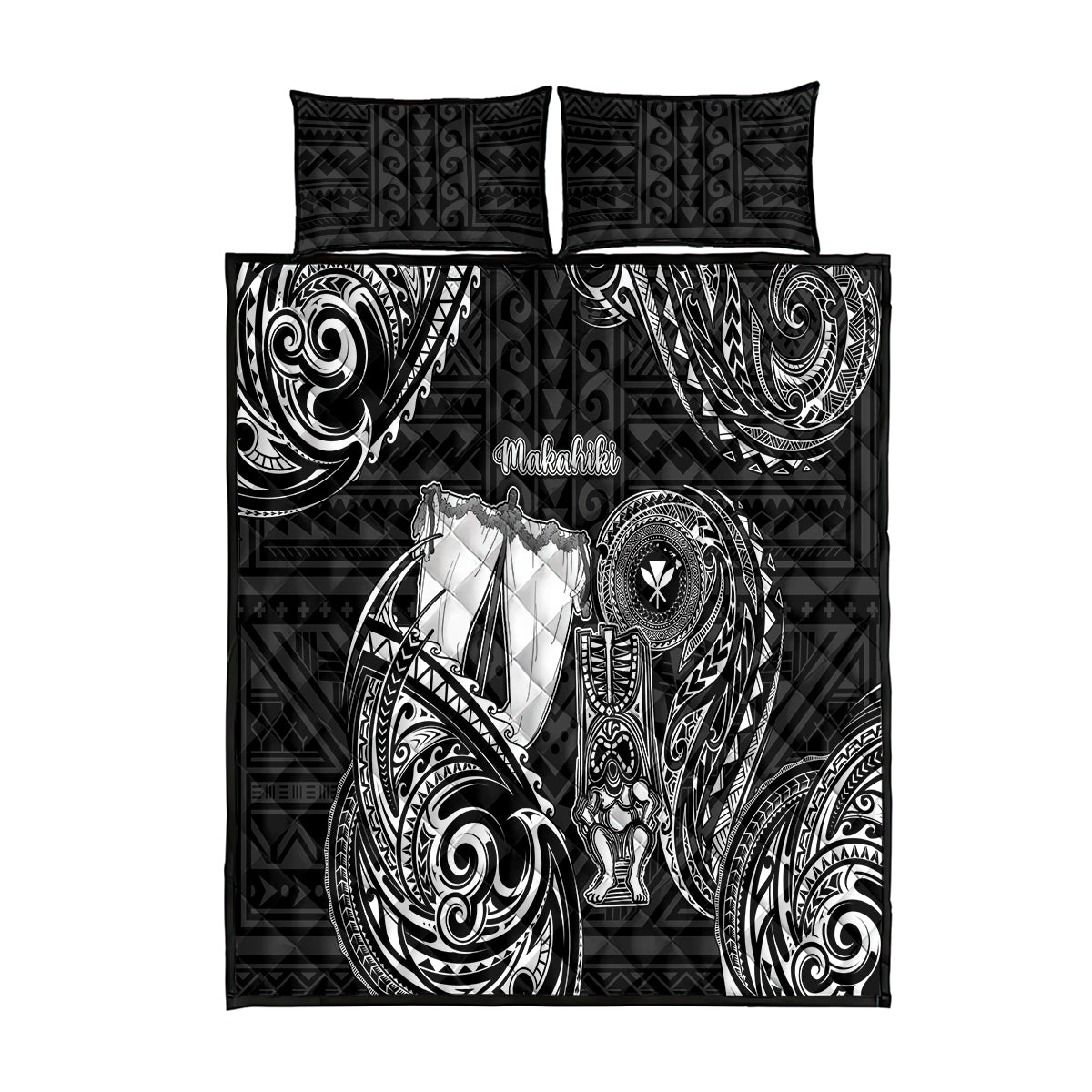 Hawaii Makahiki Season Quilt Bed Set Akua Loa Polynesian Pattern LT05 Black - Polynesian Pride