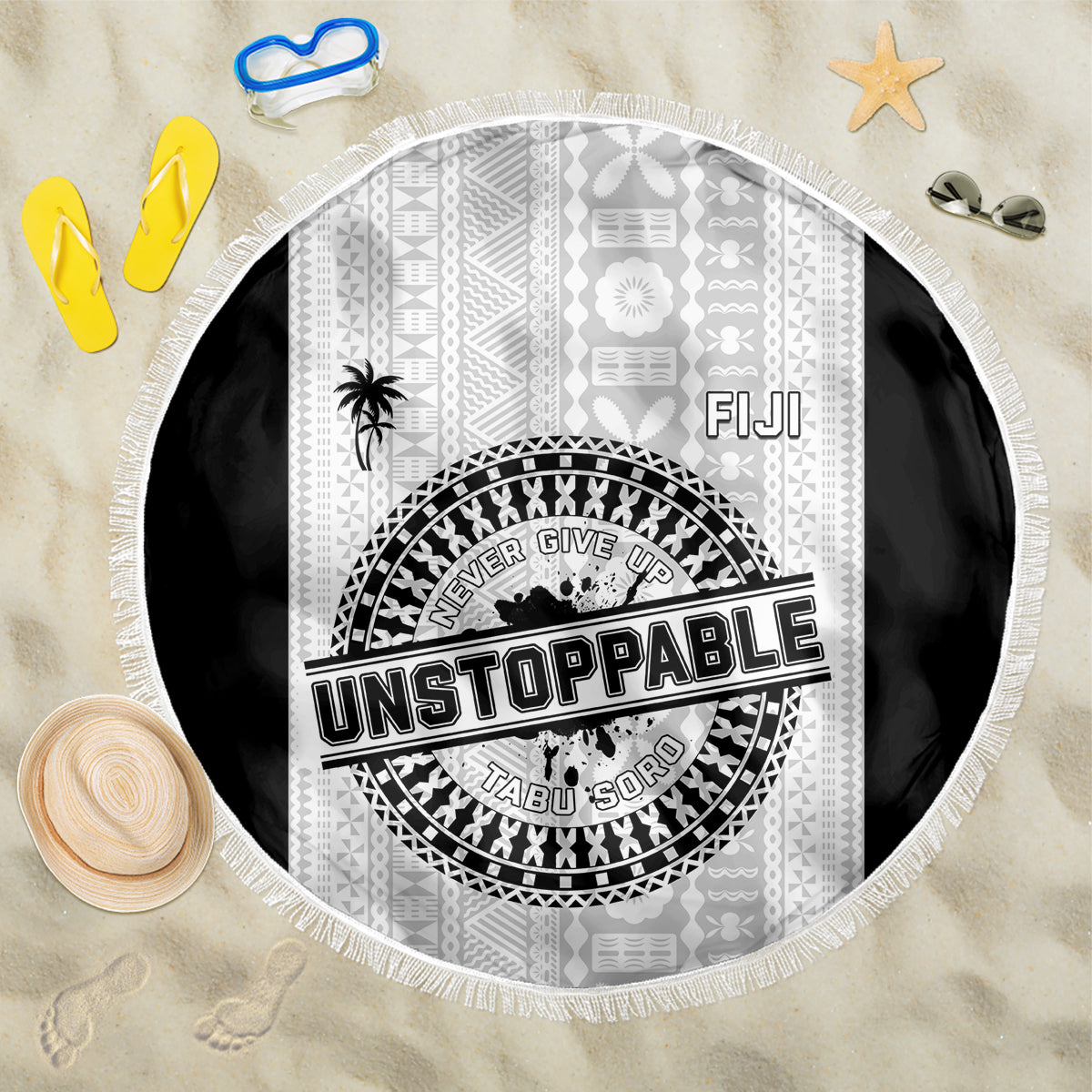 Fiji Obstacle Race 2023 Beach Blanket Never Give Up LT05 One Size 150cm Black - Wonder Print Shop