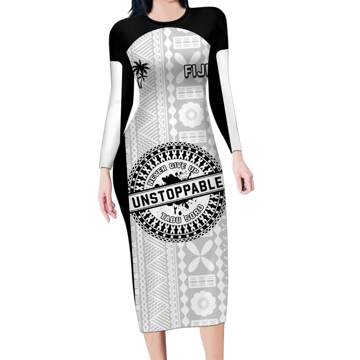 Personalized Fiji Obstacle Race 2023 Family Matching Long Sleeve Bodycon Dress and Hawaiian Shirt Never Give Up LT05 Mom's Dress Black - Polynesian Pride