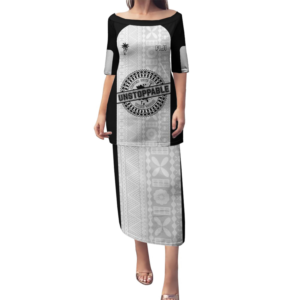 Personalized Fiji Obstacle Race 2023 Family Matching Puletasi Dress and Hawaiian Shirt Never Give Up LT05 Mom's Dress Black - Polynesian Pride