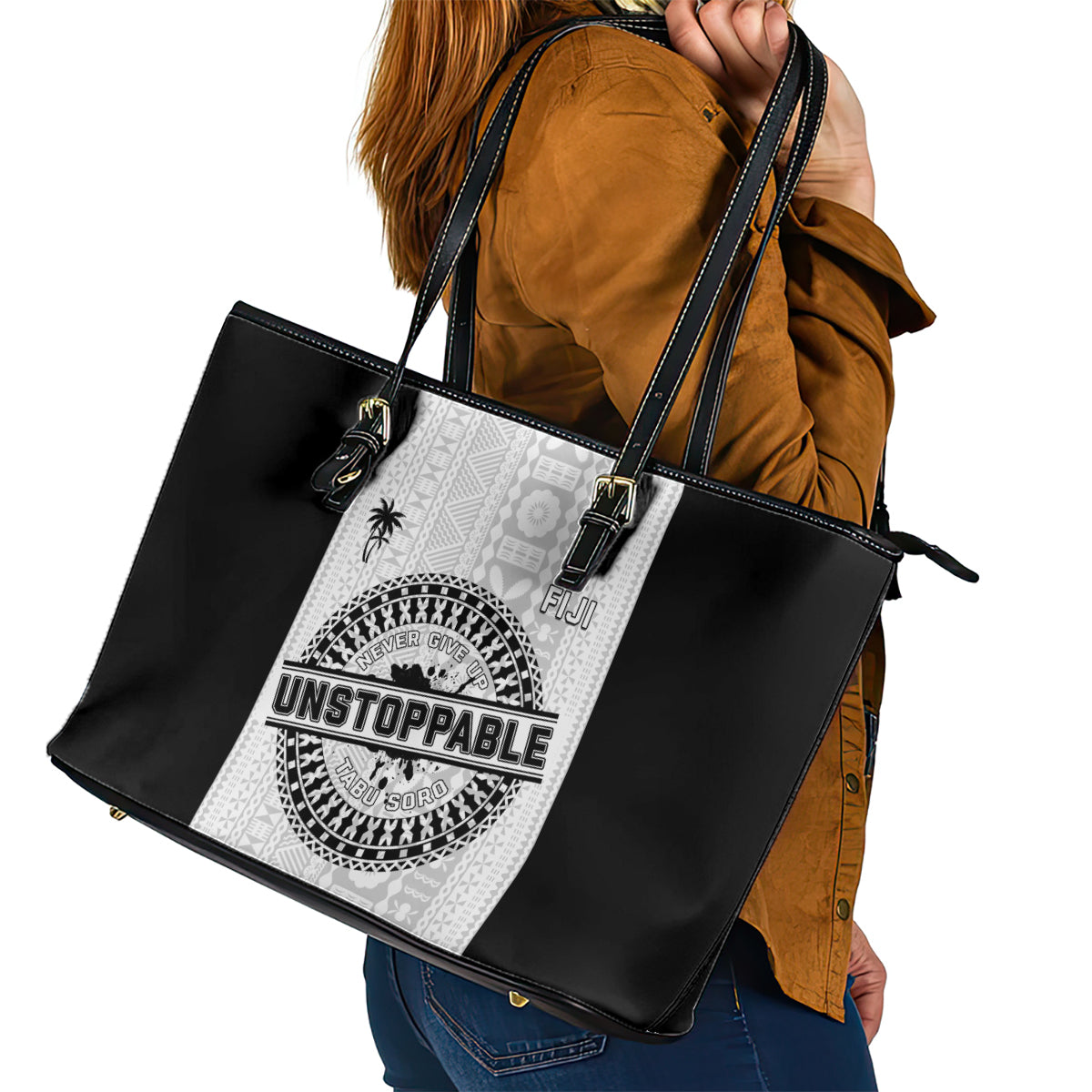 Fiji Obstacle Race 2023 Leather Tote Bag Never Give Up LT05 - Polynesian Pride