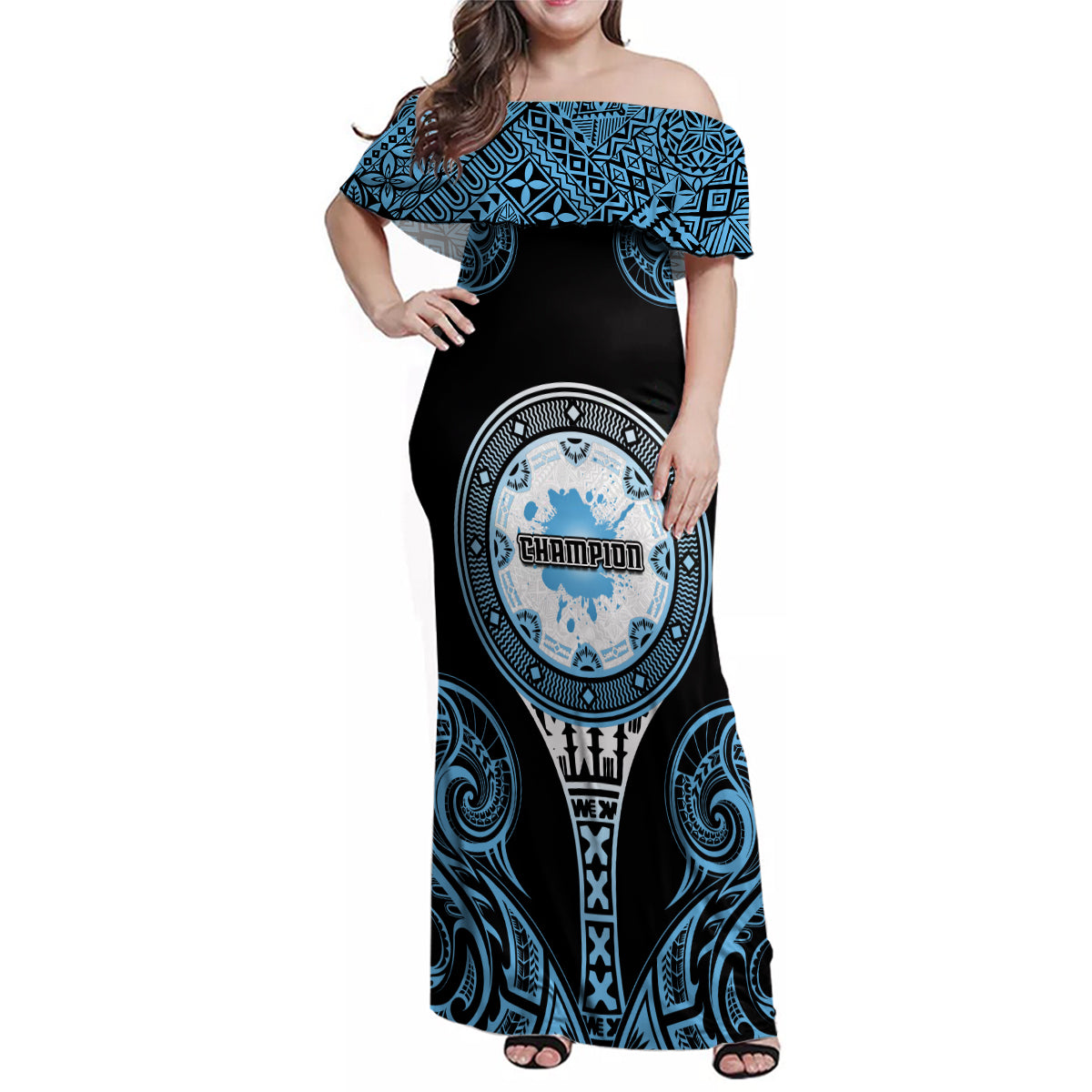 Personalized Fiji Obstacle Race 2023 Family Matching Off Shoulder Maxi Dress and Hawaiian Shirt Go Champion LT05 Mom's Dress Blue - Polynesian Pride