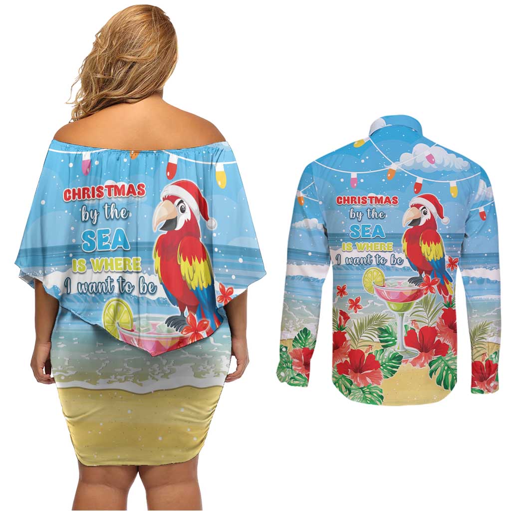 Hawaii Christmas Couples Matching Off Shoulder Short Dress and Long Sleeve Button Shirt Funny Macaw Parrot Tropical Vibe