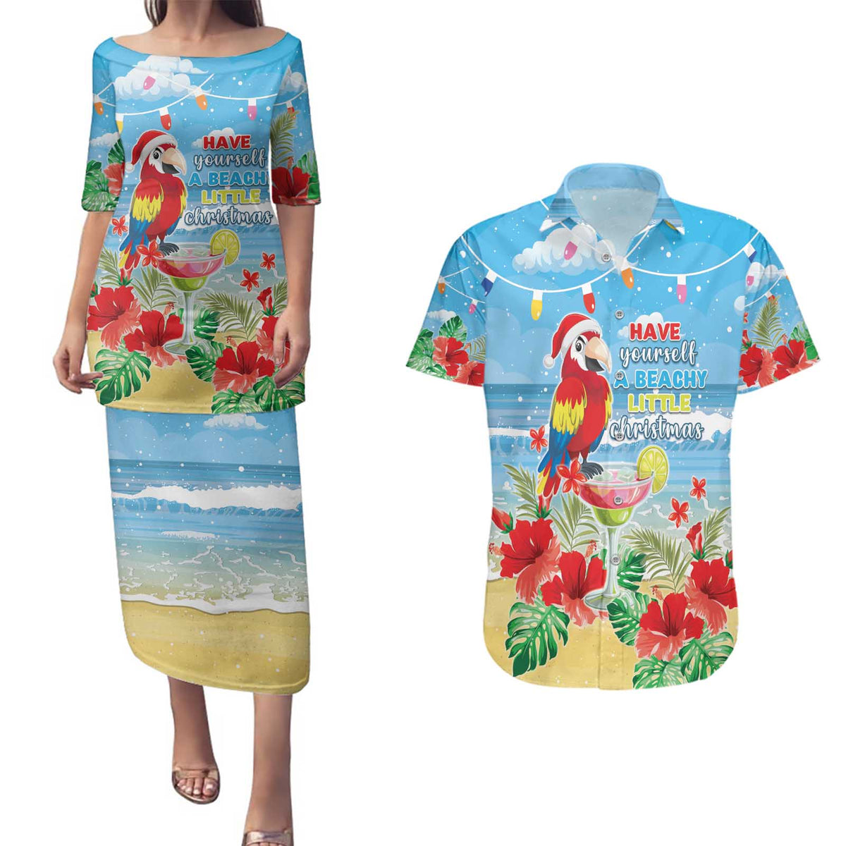 Hawaii Christmas Couples Matching Puletasi and Hawaiian Shirt Funny Macaw Parrot Tropical Vibe