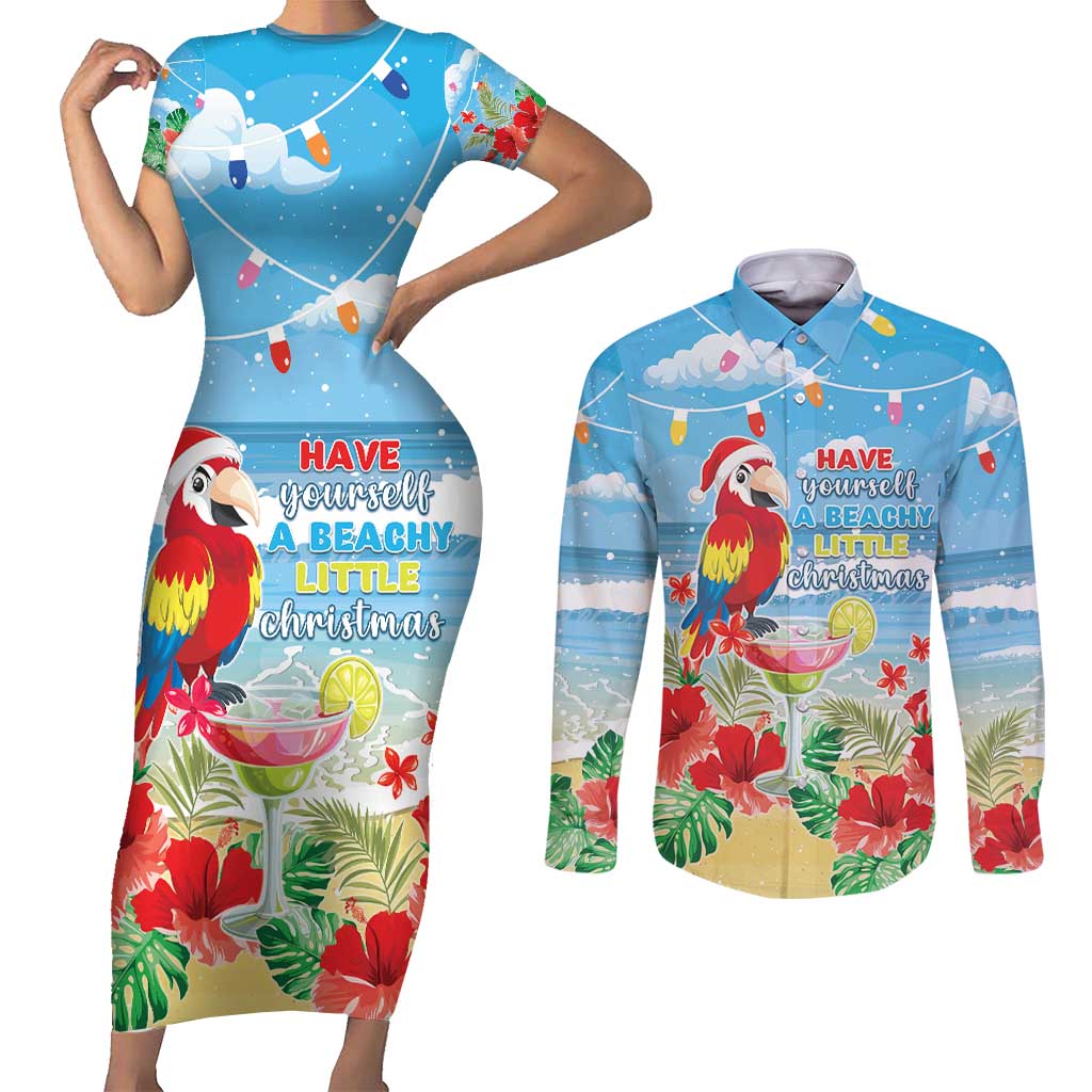 Hawaii Christmas Couples Matching Short Sleeve Bodycon Dress and Long Sleeve Button Shirt Funny Macaw Parrot Tropical Vibe