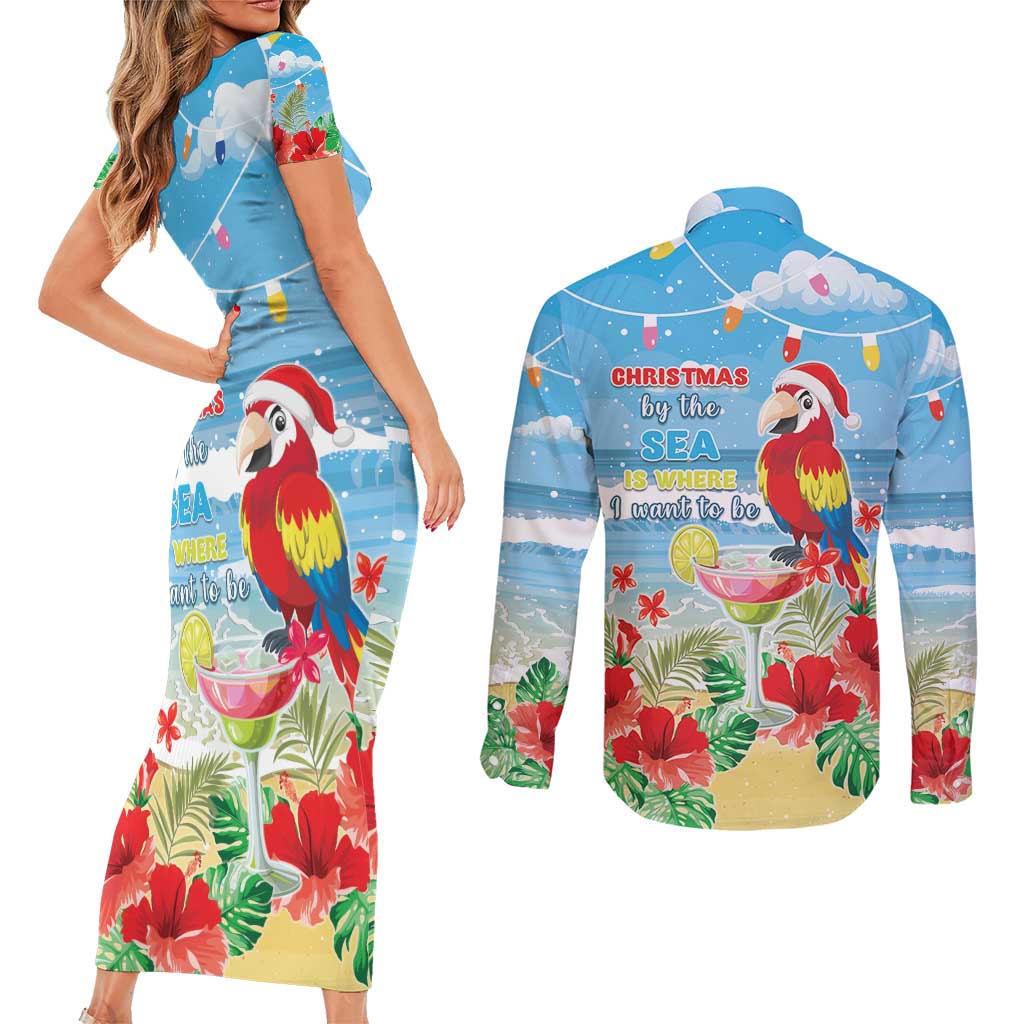 Hawaii Christmas Couples Matching Short Sleeve Bodycon Dress and Long Sleeve Button Shirt Funny Macaw Parrot Tropical Vibe
