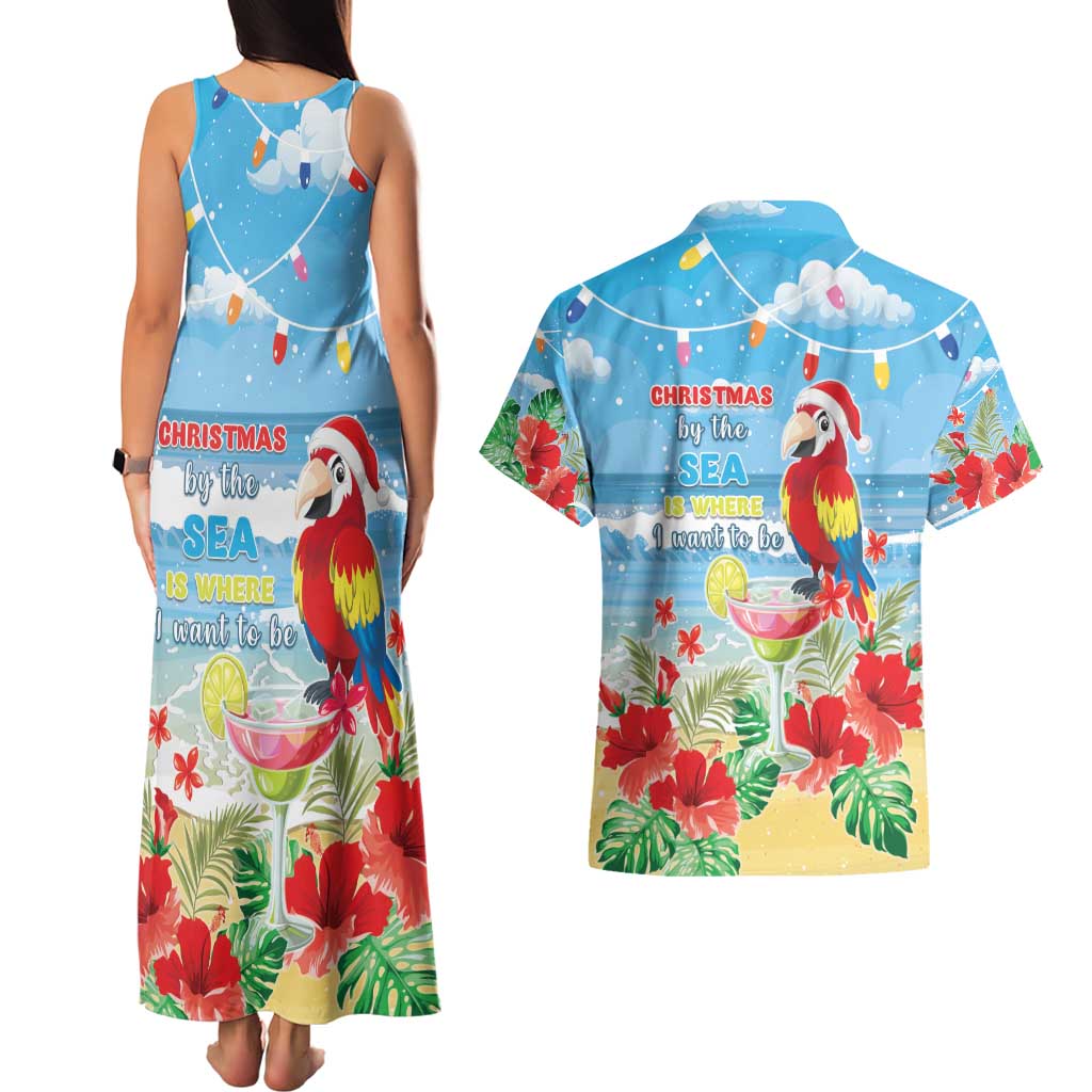 Hawaii Christmas Couples Matching Tank Maxi Dress and Hawaiian Shirt Funny Macaw Parrot Tropical Vibe