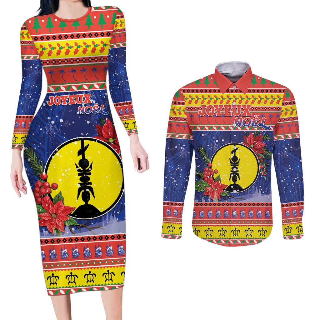 New Caledonia Christmas Couples Matching Long Sleeve Bodycon Dress and Long Sleeve Button Shirt Kanaky Poinsettia Joyeux Noel LT05 Red - Polynesian Pride