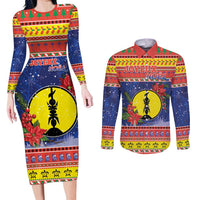 New Caledonia Christmas Couples Matching Long Sleeve Bodycon Dress and Long Sleeve Button Shirt Kanaky Poinsettia Joyeux Noel LT05 Red - Polynesian Pride