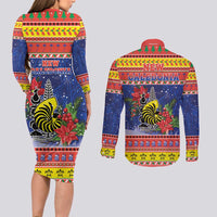 New Caledonia Christmas Couples Matching Long Sleeve Bodycon Dress and Long Sleeve Button Shirt Kanaky Poinsettia Joyeux Noel LT05 - Polynesian Pride