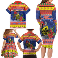 New Caledonia Christmas Family Matching Long Sleeve Bodycon Dress and Hawaiian Shirt Kanaky Poinsettia Joyeux Noel