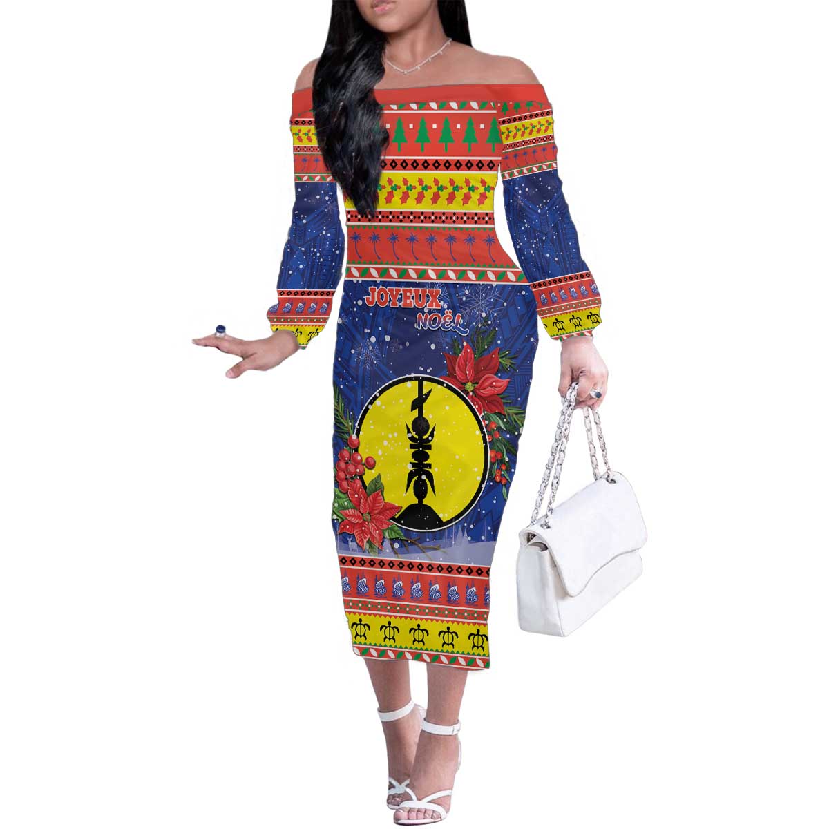 New Caledonia Christmas Family Matching Off The Shoulder Long Sleeve Dress and Hawaiian Shirt Kanaky Poinsettia Joyeux Noel