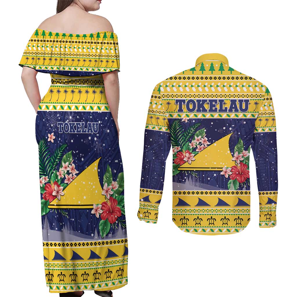 Tokelau Christmas Couples Matching Off Shoulder Maxi Dress and Long Sleeve Button Shirt Tokelauan Badge Manuia Te Kilihimahi