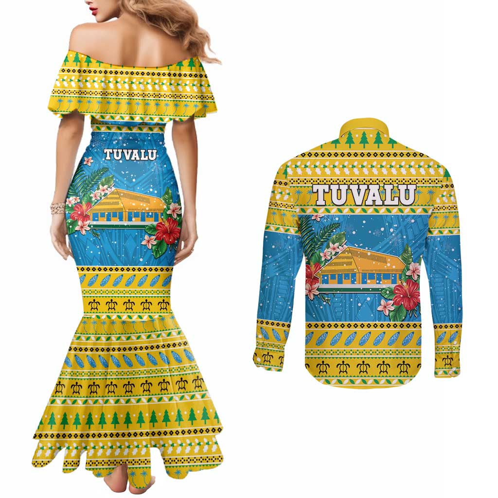 Tuvalu Christmas Couples Matching Mermaid Dress and Long Sleeve Button Shirt Coat Of Arms Manuia Te Kilisimasi