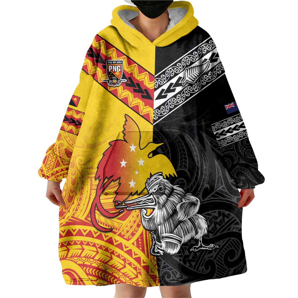 New Zealand And Papua New Guinea Rugby Custom Wearable Blanket Hoodie Maori Kiwi With Bird of Paradise