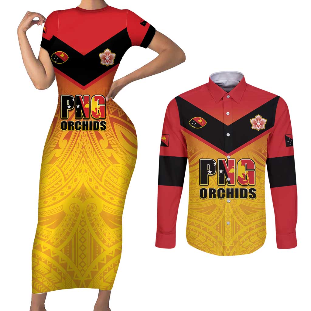 Papua New Guinea Rugby Custom Couples Matching Short Sleeve Bodycon Dress and Long Sleeve Button Shirt Go Orchids Pacific Champions
