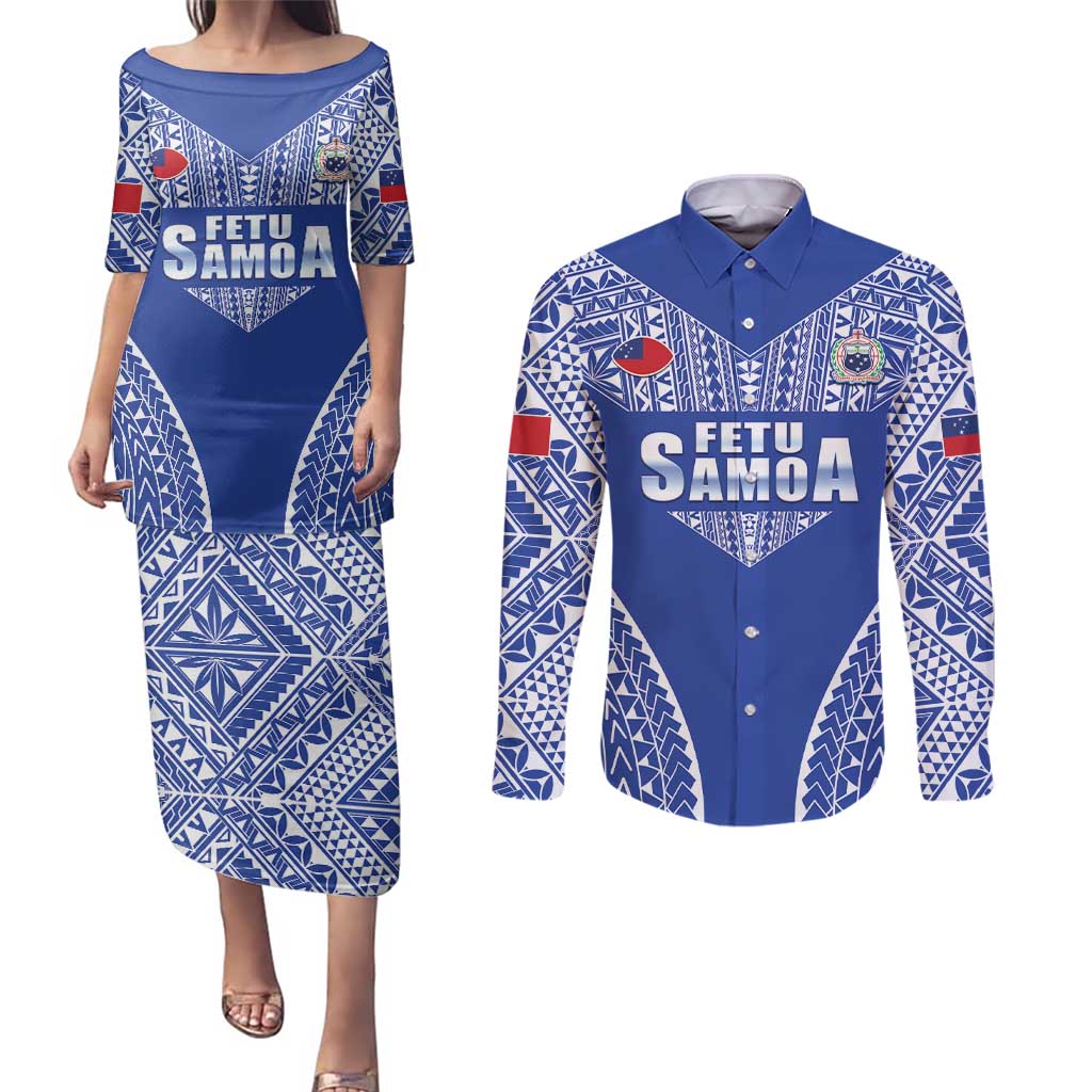 Fetu Samoa Rugby Custom Couples Matching Puletasi and Long Sleeve Button Shirt Go Champions