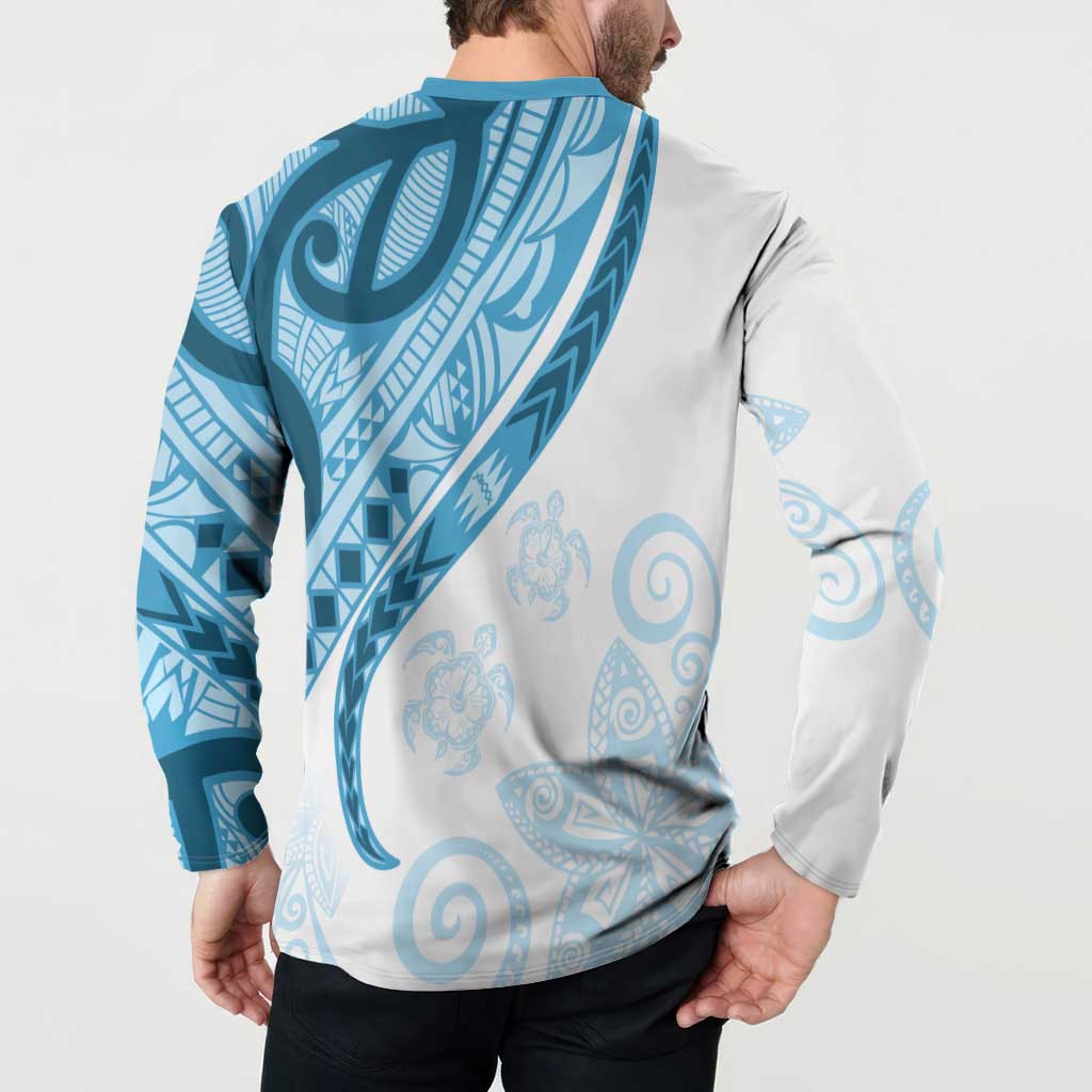 Blue Polynesian Tribal Turtle Floral Pattern Button Sweatshirt