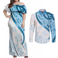 Blue Polynesian Tribal Turtle Floral Pattern Couples Matching Off Shoulder Maxi Dress and Long Sleeve Button Shirt LT05 Blue - Polynesian Pride