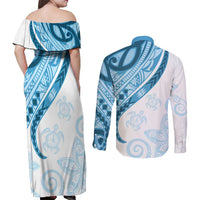 Blue Polynesian Tribal Turtle Floral Pattern Couples Matching Off Shoulder Maxi Dress and Long Sleeve Button Shirt LT05 - Polynesian Pride