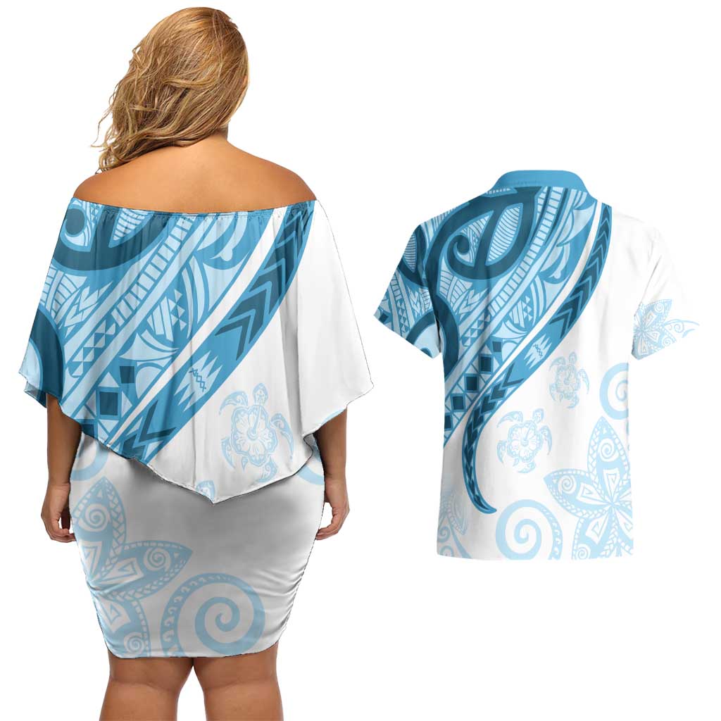Blue Polynesian Tribal Turtle Floral Pattern Couples Matching Off Shoulder Short Dress and Hawaiian Shirt