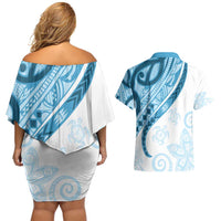 Blue Polynesian Tribal Turtle Floral Pattern Couples Matching Off Shoulder Short Dress and Hawaiian Shirt