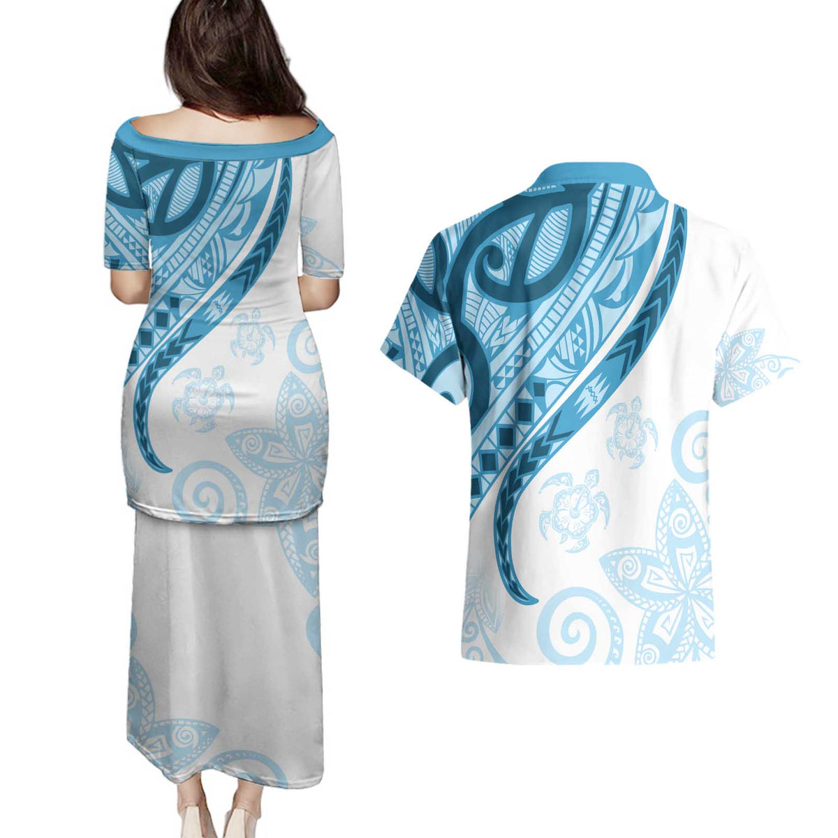 Blue Polynesian Tribal Turtle Floral Pattern Couples Matching Puletasi and Hawaiian Shirt