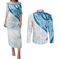 Blue Polynesian Tribal Turtle Floral Pattern Couples Matching Puletasi and Long Sleeve Button Shirt LT05 Blue - Polynesian Pride