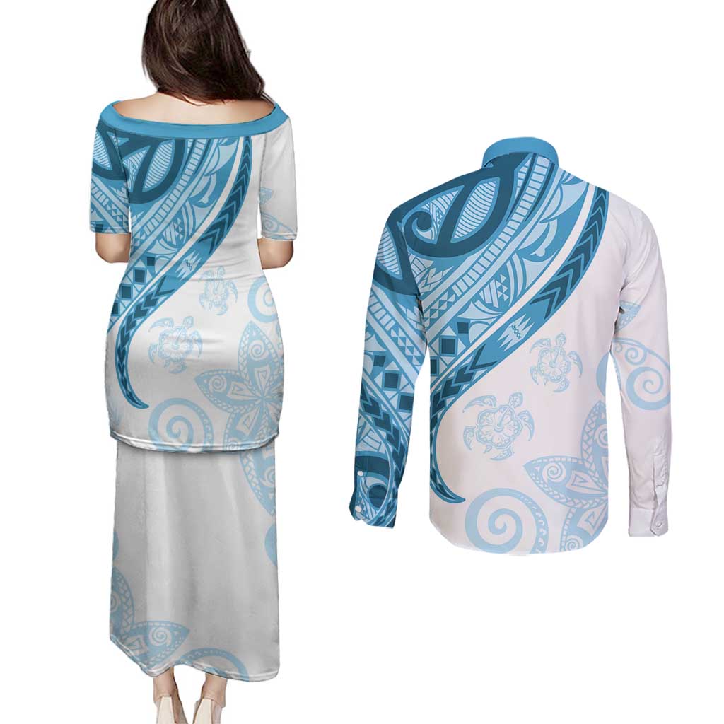 Blue Polynesian Tribal Turtle Floral Pattern Couples Matching Puletasi and Long Sleeve Button Shirt LT05 - Polynesian Pride