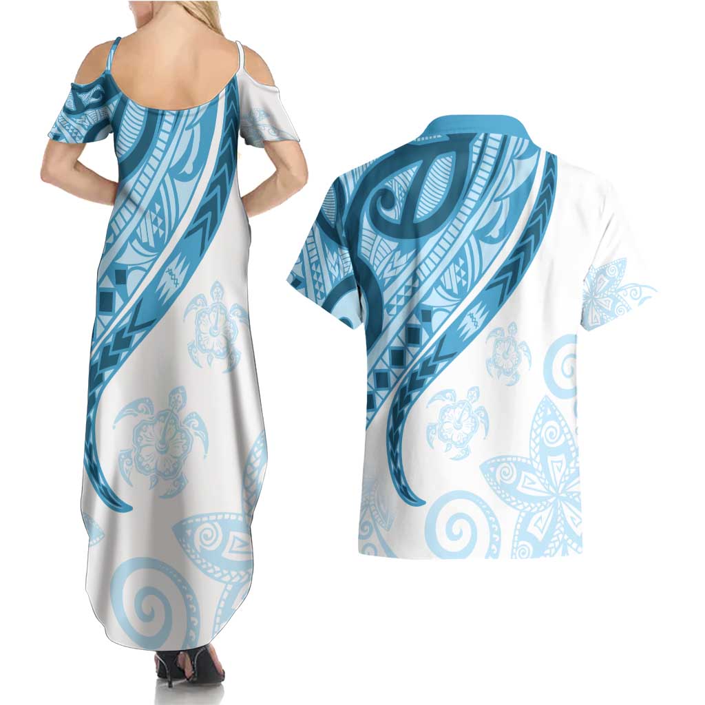 Blue Polynesian Tribal Turtle Floral Pattern Couples Matching Summer Maxi Dress and Hawaiian Shirt