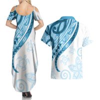 Blue Polynesian Tribal Turtle Floral Pattern Couples Matching Summer Maxi Dress and Hawaiian Shirt