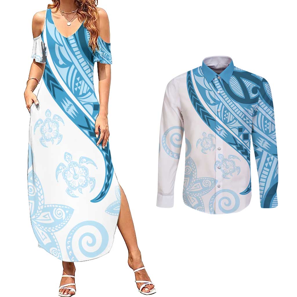 Blue Polynesian Tribal Turtle Floral Pattern Couples Matching Summer Maxi Dress and Long Sleeve Button Shirt LT05 Blue - Polynesian Pride