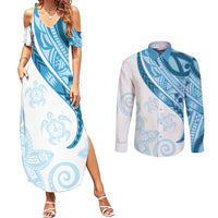 Blue Polynesian Tribal Turtle Floral Pattern Couples Matching Summer Maxi Dress and Long Sleeve Button Shirt LT05 Blue - Polynesian Pride