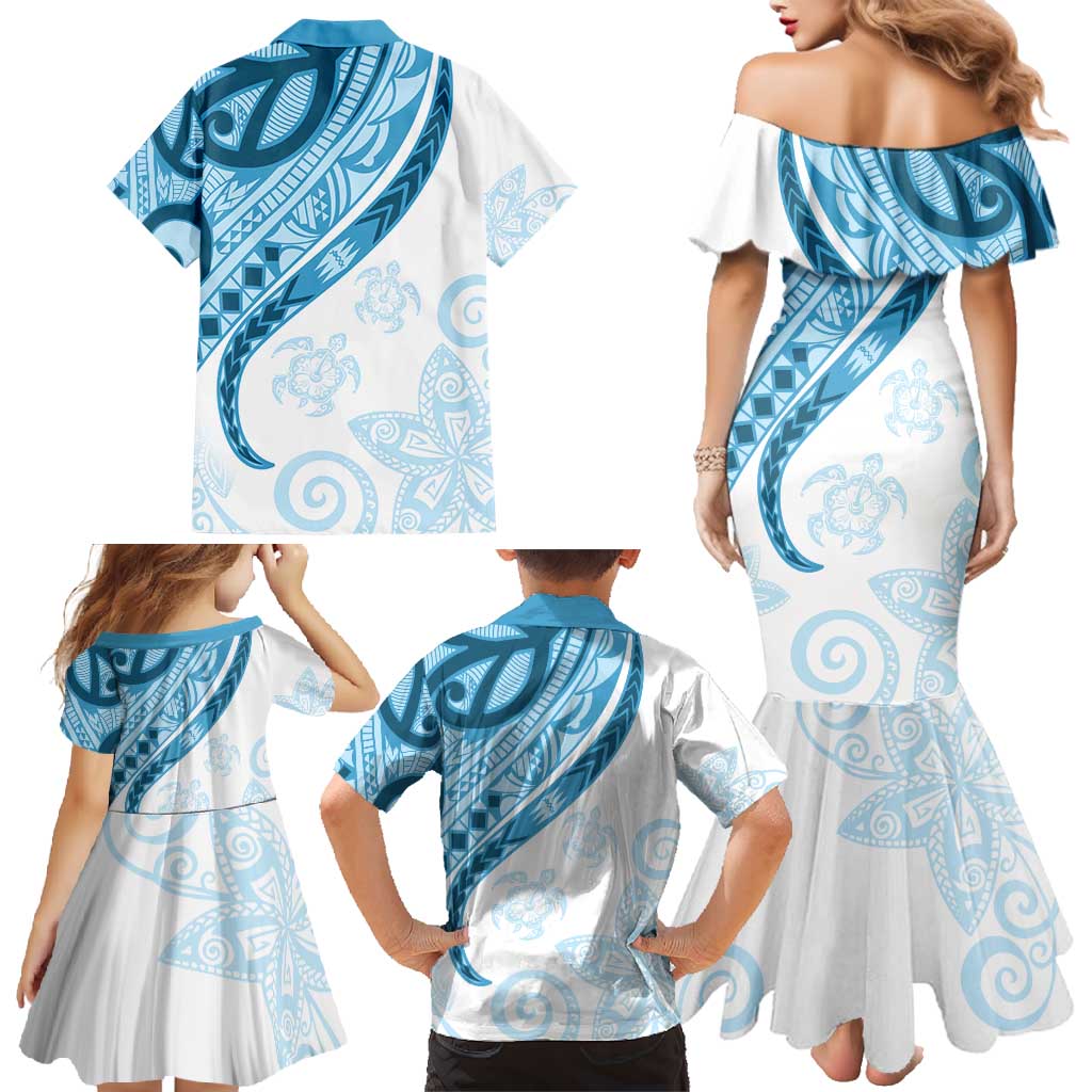 Blue Polynesian Tribal Turtle Floral Pattern Family Matching Mermaid Dress and Hawaiian Shirt