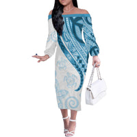 Blue Polynesian Tribal Turtle Floral Pattern Family Matching Off The Shoulder Long Sleeve Dress and Hawaiian Shirt