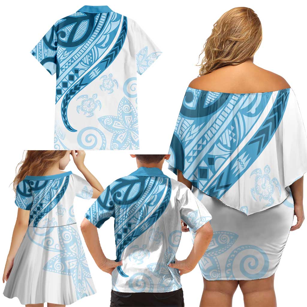 Blue Polynesian Tribal Turtle Floral Pattern Family Matching Off Shoulder Short Dress and Hawaiian Shirt