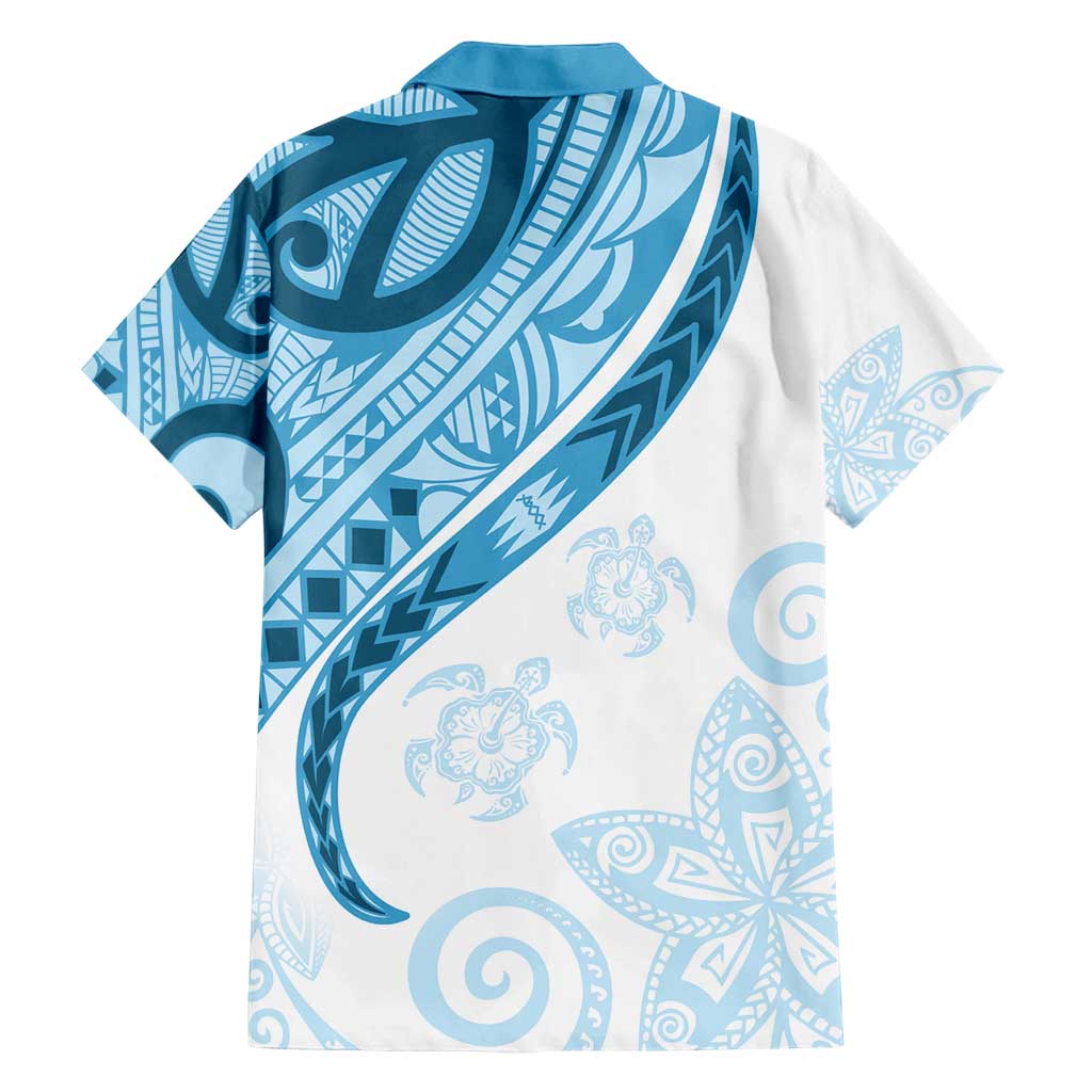 Blue Polynesian Tribal Turtle Floral Pattern Family Matching Off Shoulder Short Dress and Hawaiian Shirt