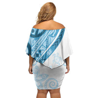 Blue Polynesian Tribal Turtle Floral Pattern Family Matching Off Shoulder Short Dress and Hawaiian Shirt