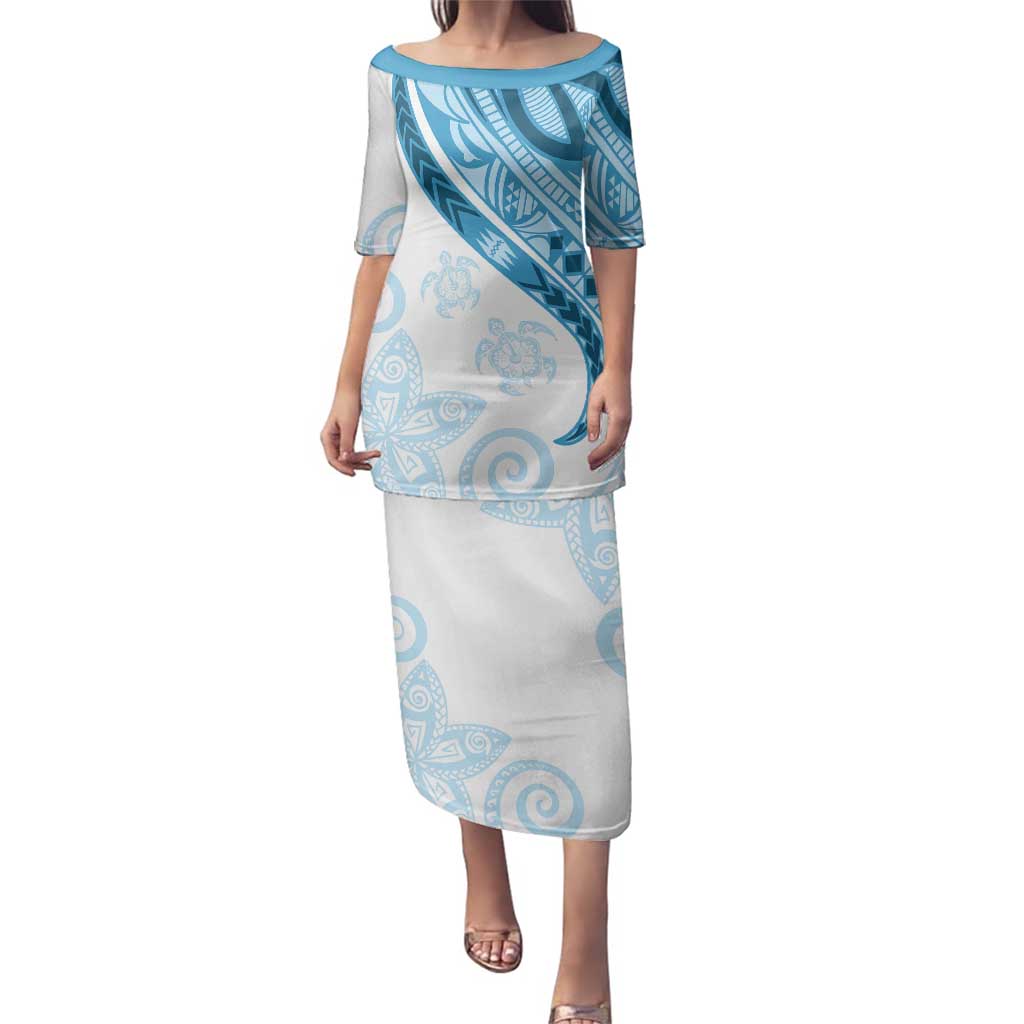 Blue Polynesian Tribal Turtle Floral Pattern Family Matching Puletasi and Hawaiian Shirt